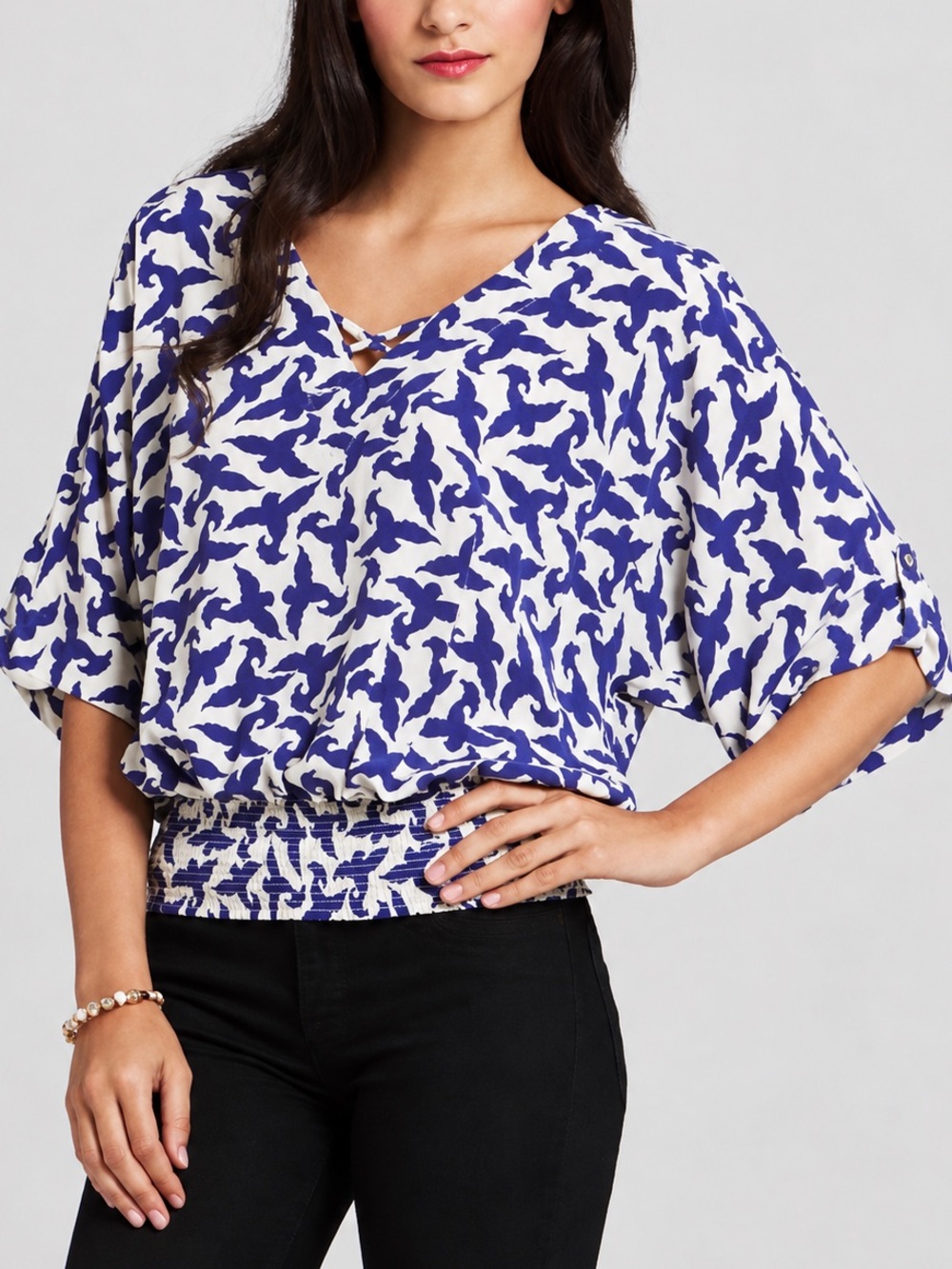Anthropologie Leifsdottir Bird Print 100% Silk Dolman Top Boho Casual Size 8